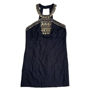 Tibi Black Silk Linen Shift Halter Dress 8 Embellished Sequin Cocktail Boho NWT